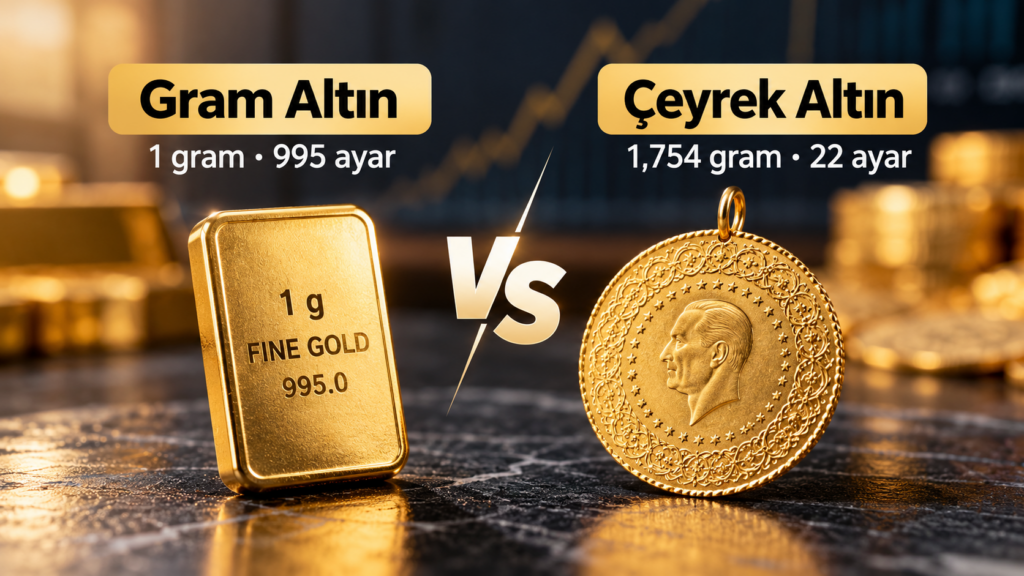Gram altın ve çeyrek altının ağırlık ve ayar karşılaştırması.
